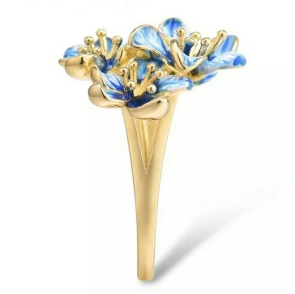 New Yellow Gold Blue Flowers Ring - Picture 4 of 4